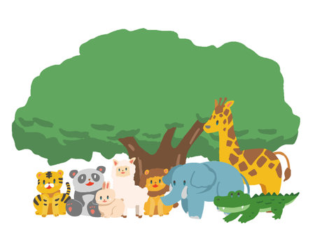 Deformed frame illustration of a large tree and an animalのイラスト素材