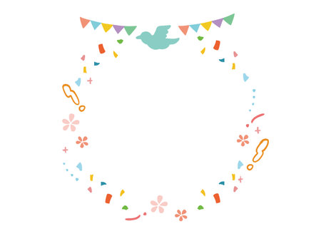 Pop and colorful confetti and bird round frame illustrationのイラスト素材