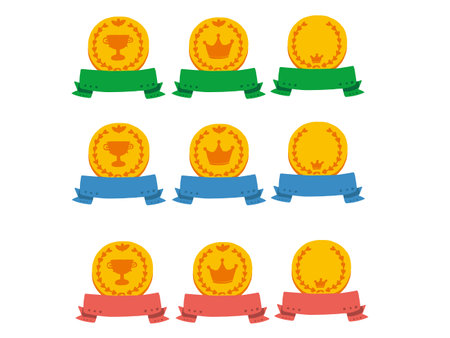 A simple and pop illustration set of gold medals and long ribbons.のイラスト素材