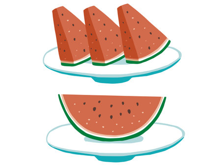 A set of illustration materials featuring cut watermelon served on a plate.のイラスト素材