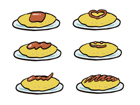 A hand-drawn illustration set of omelets with various types of ketchup.のイラスト素材