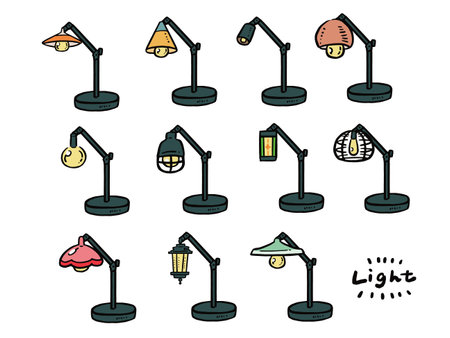 A hand-drawn illustration set of desk lamps and arm lights.のイラスト素材