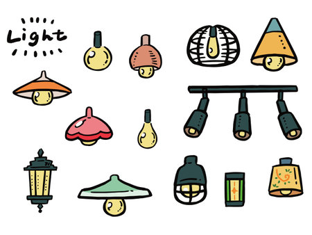 A set of hand-drawn illustrations of various electric lights, lamps, and bulbs.のイラスト素材