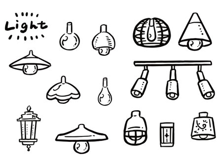 A set of hand-drawn style line illustrations of various electric lights, lamps, and bulbs.のイラスト素材