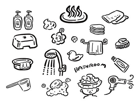 Hand-drawn style illustrations of bath products, line art set.のイラスト素材