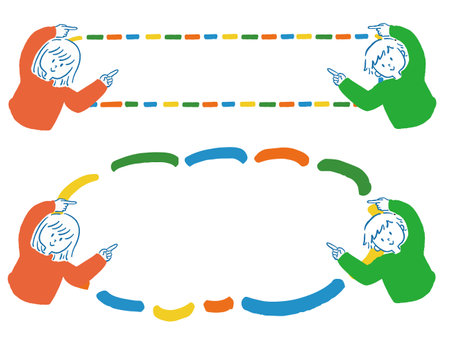 A set of illustrations of pointing men and women with colorful frames.のイラスト素材