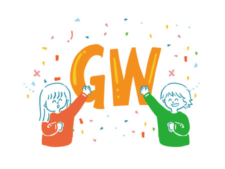 A pop illustration of men and women scattering confetti during the Golden Week.のイラスト素材