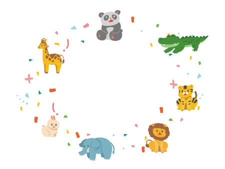 A pop illustration frame with animals and confetti.のイラスト素材