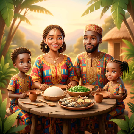 Happy family at the table in the tropics. African american familyの素材