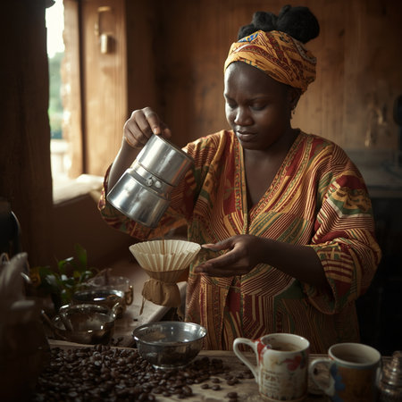 Portrait of a young African woman pouring coffee in a cup.の素材