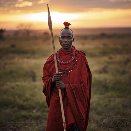 African Masai warrior in traditional clothes in the savannah of Kenyaの素材