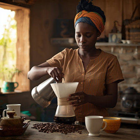 african woman pouring coffee from a cezve into a cupの素材