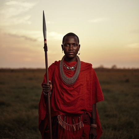 Young African man in traditional clothes with spear at sunset in Masai Mara, Kenyaの素材