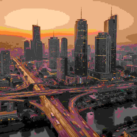 Cityscape with skyscrapers and highway at sunset. Vector illustration.の素材