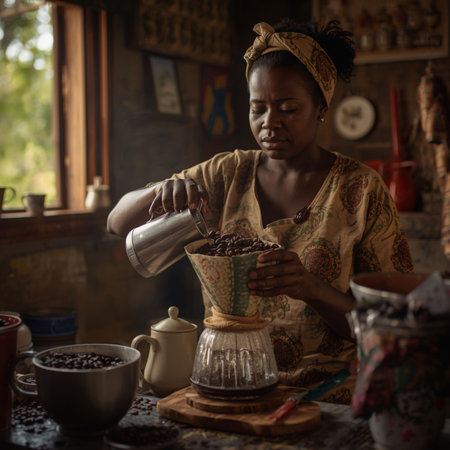 african woman in traditional dress pouring coffee from a kettle into a bowlの素材
