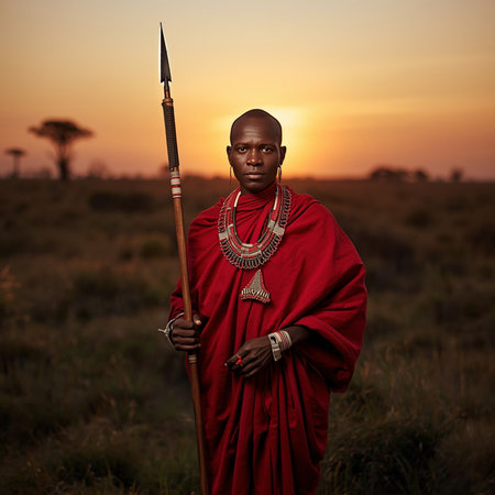 Portrait of a Masai warrior with spear standing in savannah at sunsetの素材