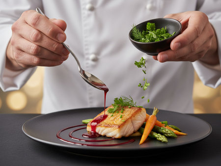 Chef pouring sauce on fish fillet with vegetables on black plateの素材