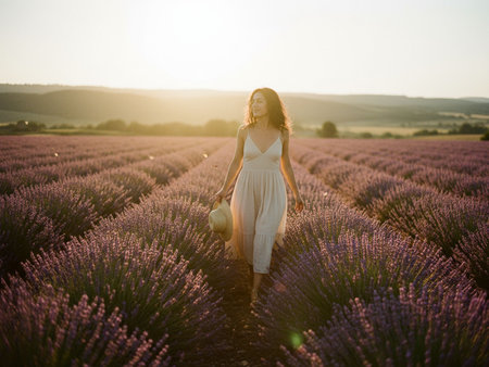 Beautiful young woman in white dress walking in lavender field at sunset.の素材
