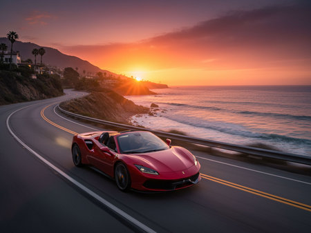 Sport car on the road at sunset, California, United States.の素材
