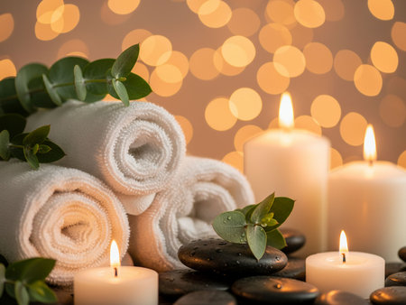 Spa still life with candles, towels and eucalyptus on zen stonesの素材