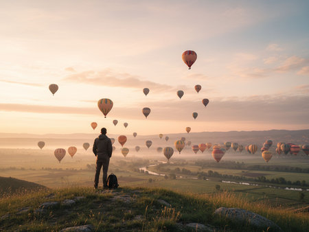 Silhouette of a man standing on top of a mountain and looking at hot air balloons flying in the skyの素材