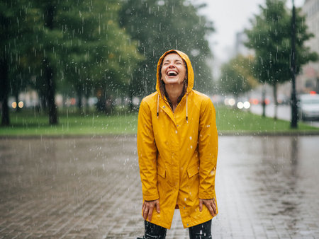 happy young woman in raincoat and rubber boots laughing in rainy dayの素材