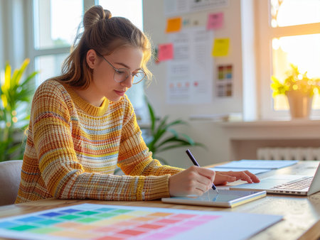 Portrait of young female designer working at her desk in office.の素材