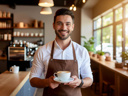 Portrait of smiling barista holding cup of coffee in coffee shopの素材