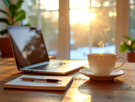 Coffee cup and laptop on wooden table in coffee shop.の素材