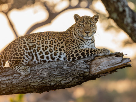 Leopard lying on a tree in the Okavango Delta, Botswana.の素材
