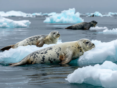 seals on the ice in the ocean, Antarctic Peninsula, Antarcticaの素材