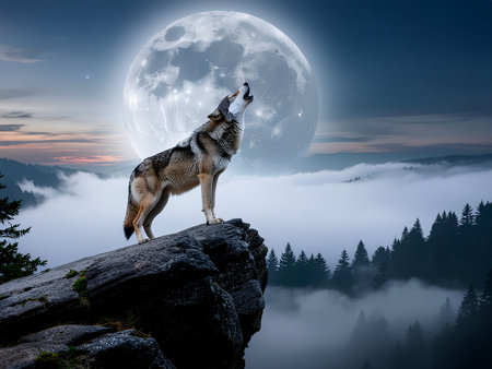 wolf howling at the full moon on the mountain peak. 3d renderingの素材