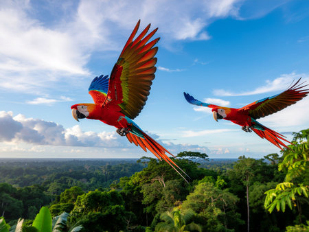 Two macaws flying in the blue sky, beautiful photo digital pictureの素材