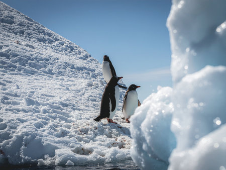 Two penguins on the ice floe in Antarctica, polar landscapeの素材