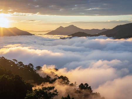 Sunrise over the clouds at Doi Inthanon National Park, Chiang Mai, Thailandの素材