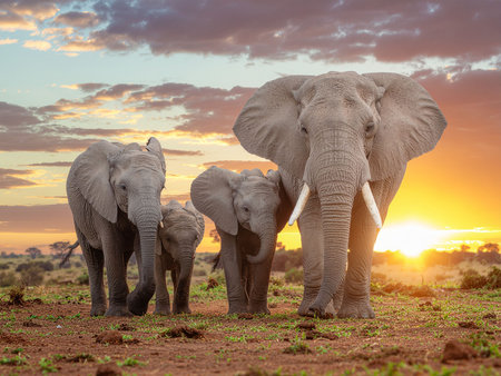 Elephants at sunset in Chobe National Park, Botswana, Africaの素材