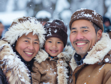 Portrait of happy asian family with snow in winter park.の素材