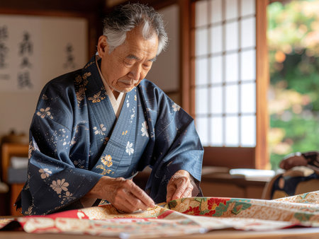 Senior Japanese man in traditional kimono working on a sewing machineの素材