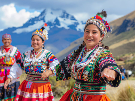 Unidentified Ecuadorian women in traditional costume at the Sacred Valley.の素材