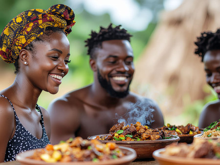 african young couple eating traditional food at the African tribe house in the villageの素材