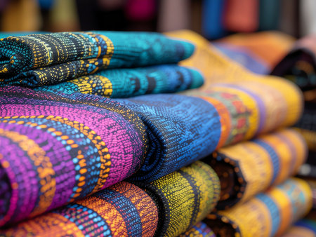 Colorful handkerchiefs for sale at a market in Indiaの素材