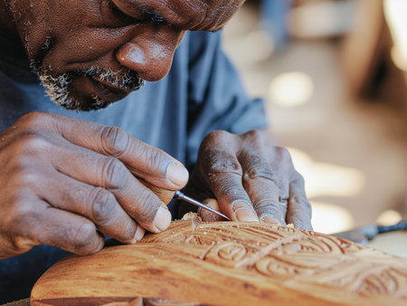 Close-up of the hands of an African-American craftsman working in his workshopの素材