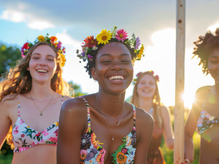 Group of friends having fun together at a summer music festival, laughing and having funの素材
