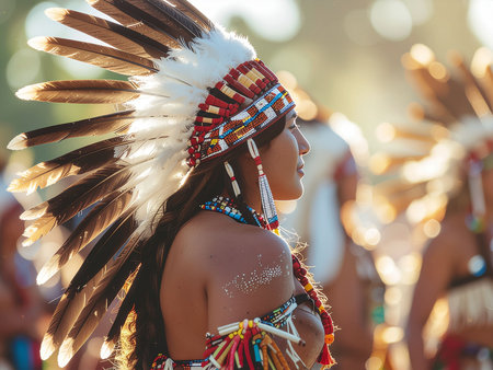 Unidentified Native American woman at the annual Pow Wow in California. Pow wow is native American cultural gathernig event.の素材