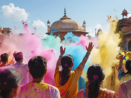 Indian people throw colourful holi powder at Holi festivalの素材