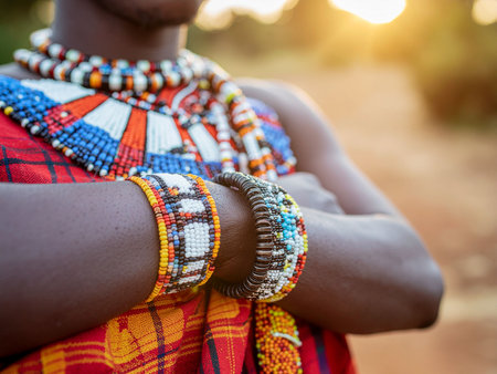 Close-up of the hands of a young African woman in traditional clothes.の素材