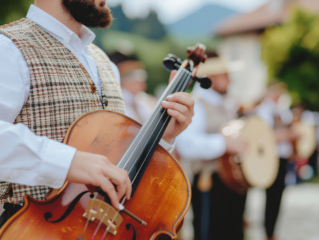 Musician playing the cello on the background of the orchestra.の素材