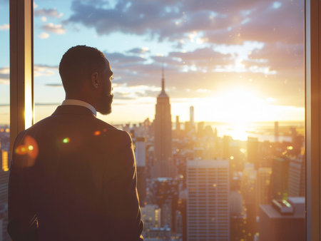 Back view of businessman looking out the window at sunset in New Yorkの素材