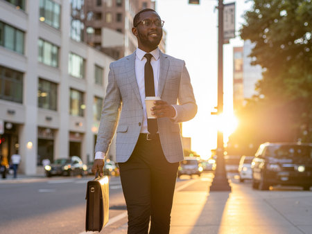 African american businessman holding a coffee cup and a suitcase in the cityの素材