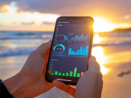 male hand holding a smart phone with a financial chart on the screen on the beachの素材